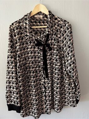 Jessy Black White Skull Print Tie Neck Blouse Gothic Long Sleeve Top